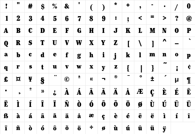 CheltenhamEF-UltraCondensed Regular  glyph index