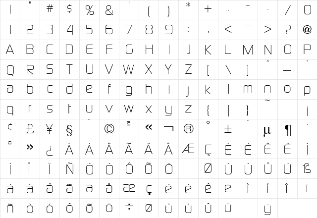 Sol Thin Regular  glyph index