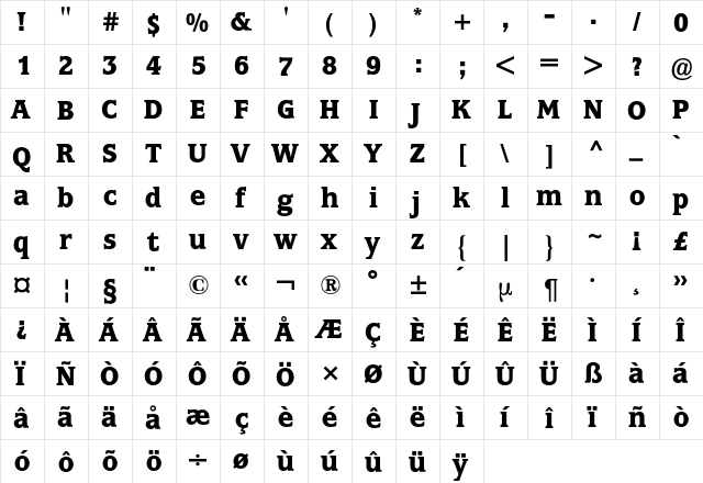 Marbrook BQ Regular  glyph index