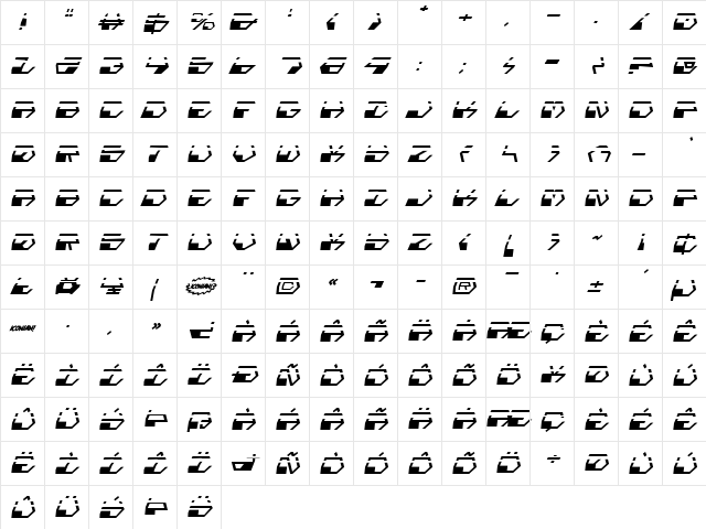 Deranian Laser Italic Italic  glyph index