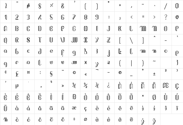 Kiwiline Regular  glyph index