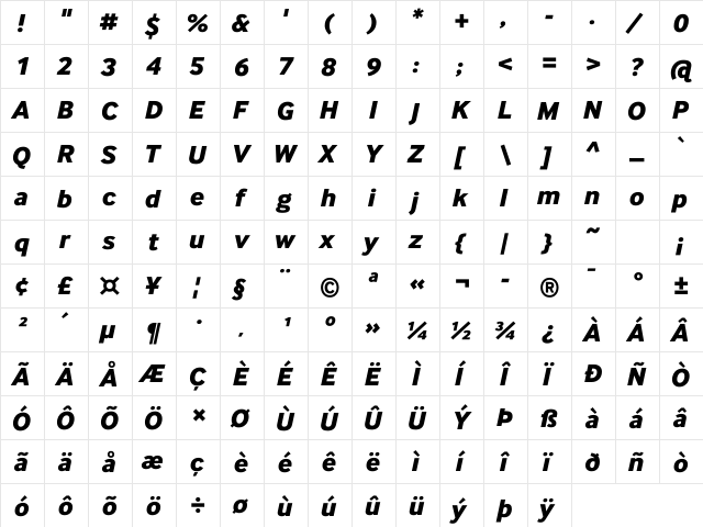 InterFace DaMa Lt Bold Italic  glyph index