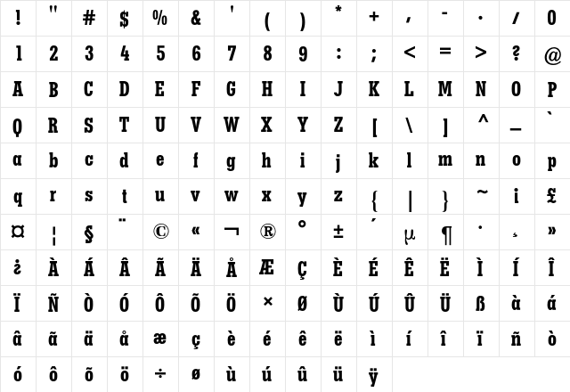 Memphis BQ Regular  glyph index