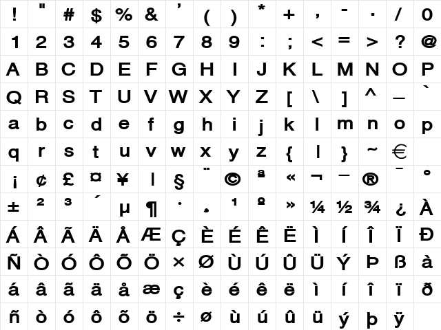 AlpsWide Bold  glyph index