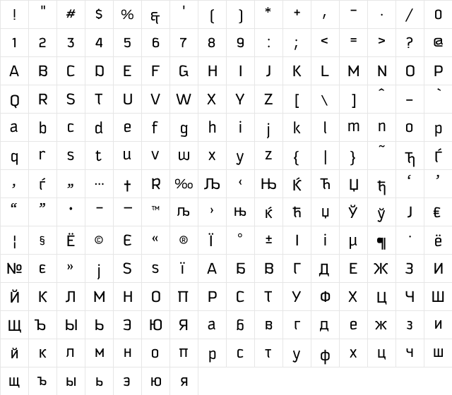 Kautiva Cyrillic Book Regular  glyph index