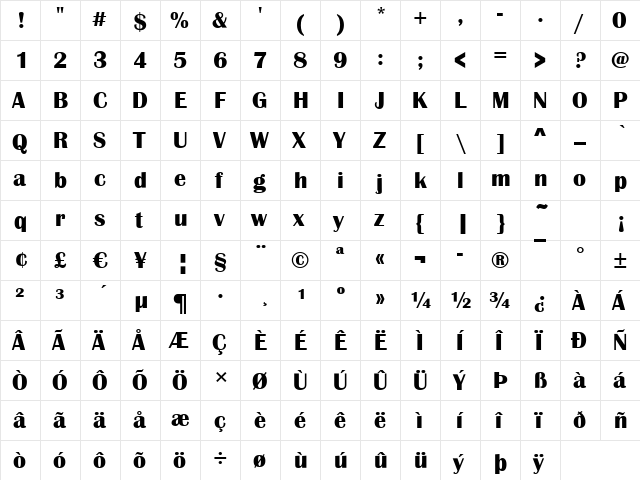 Bristol-Bold Regular  glyph index