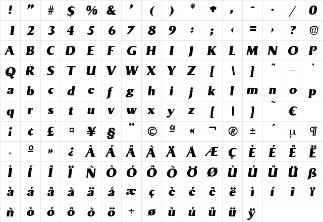 Sigvar-HeavyIta Regular  glyph index