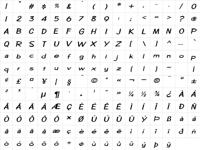 Copybook-Extended Bold Italic  glyph index