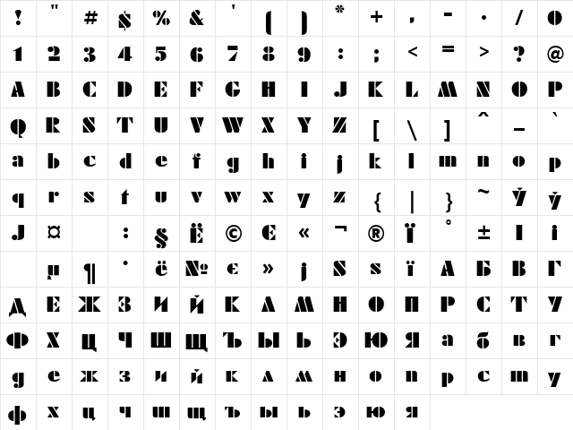 UkrainianFuturaEugenia Regular  glyph index