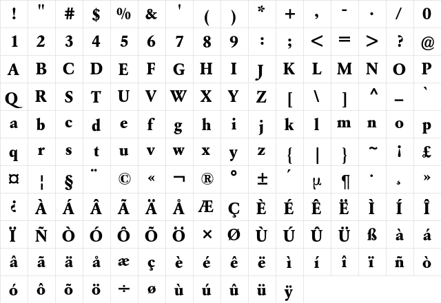 Garamond BQ Regular  glyph index