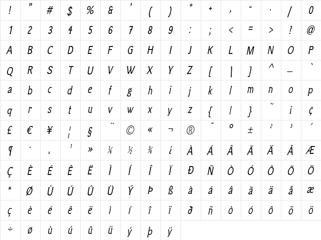 Clichee Italic  glyph index