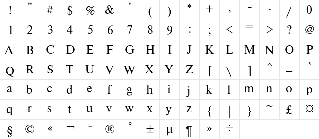 NewtonC Regular  glyph index