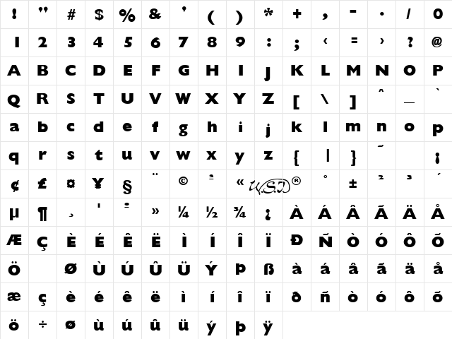 Giligan ExtraBold Regular  glyph index