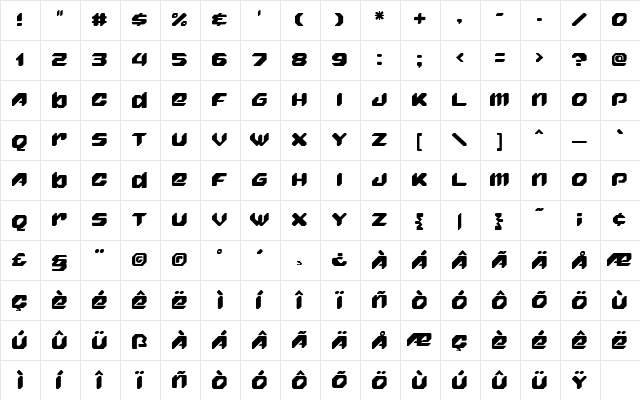 FighterPilot Regular  glyph index