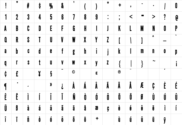 SimpleTypeCondensed Bold  glyph index
