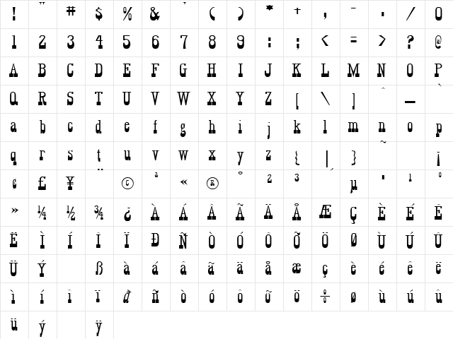 BigBottom Regular  glyph index
