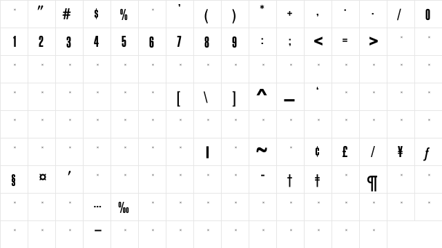 BlockGothicBoldExtraCondTab Regular  glyph index