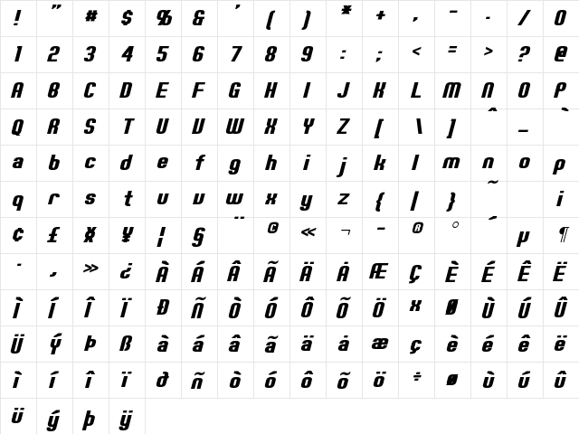 Erte Italic  glyph index