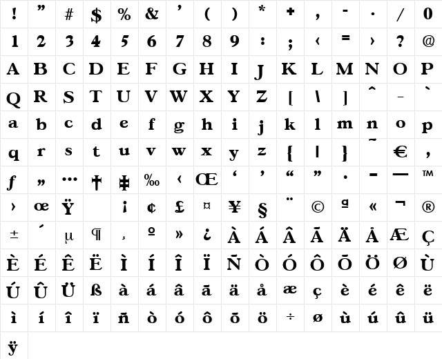 Gascogne-Bold Regular  glyph index