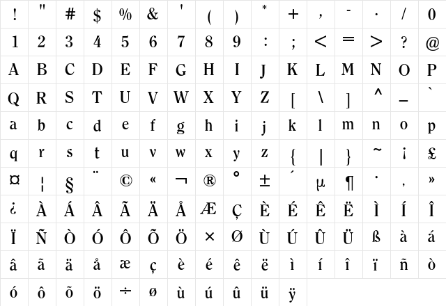 Clearface ATF BQ Regular  glyph index