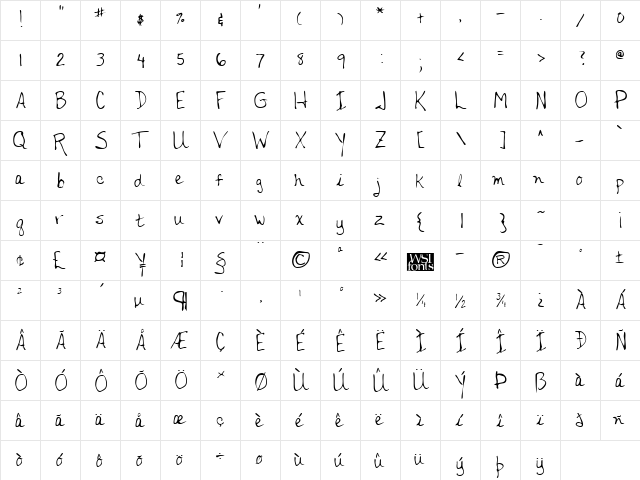 HenrysHand Regular  glyph index