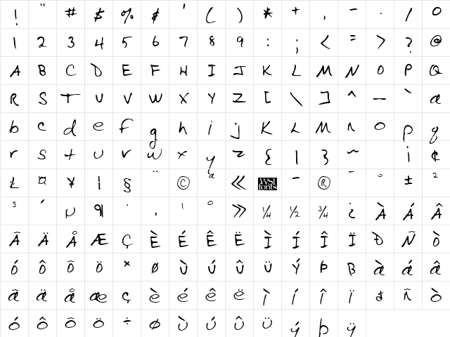 EvelynsHand Regular  glyph index