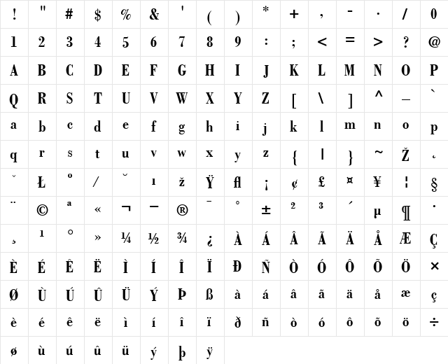 Bodoni-BoldCondensed Bold  glyph index
