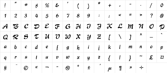 ExpressC Regular  glyph index