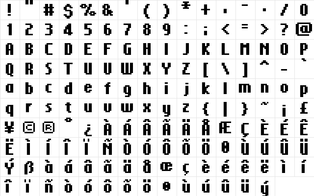 FFF Glorious Bold Extended Regular  glyph index