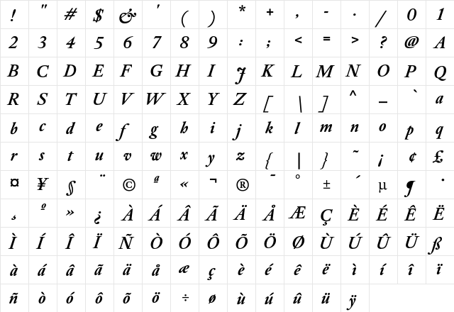 DTL Elzevir T Bold Italic  glyph index