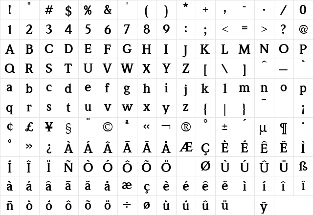 Weidemann Bold  glyph index
