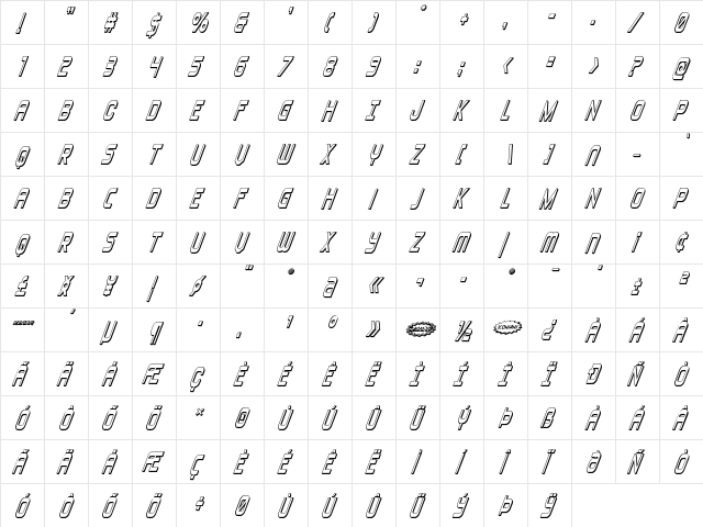 Blizzard Shaft 3D Super-Italic Regular  glyph index