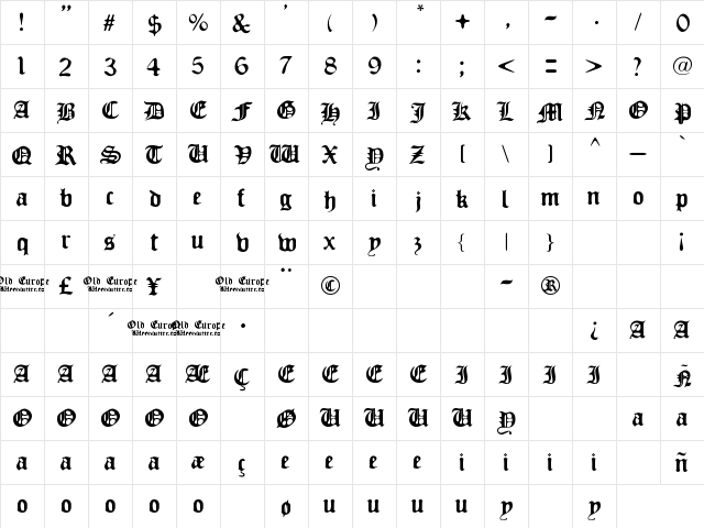 Old Europe Regular  glyph index