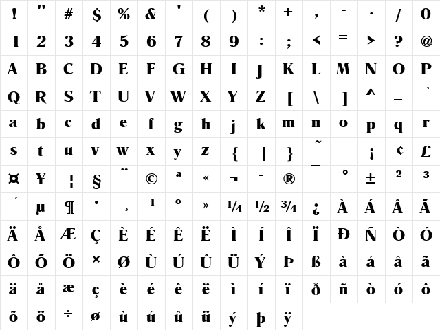 Romana Becker Bold  glyph index