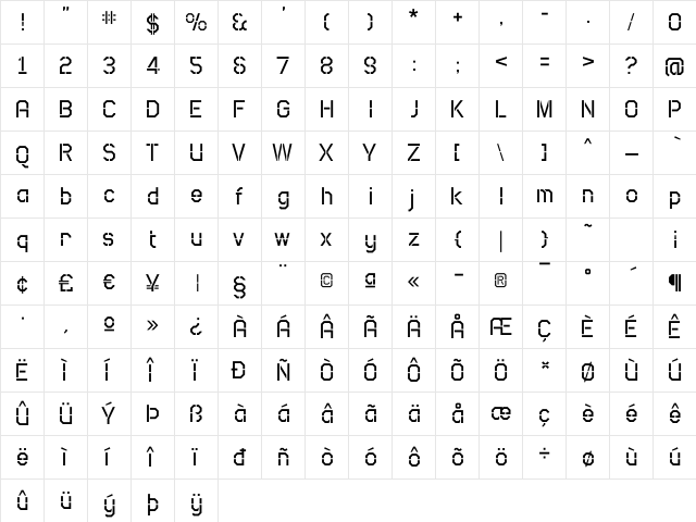 Camo SansRegular Regular  glyph index