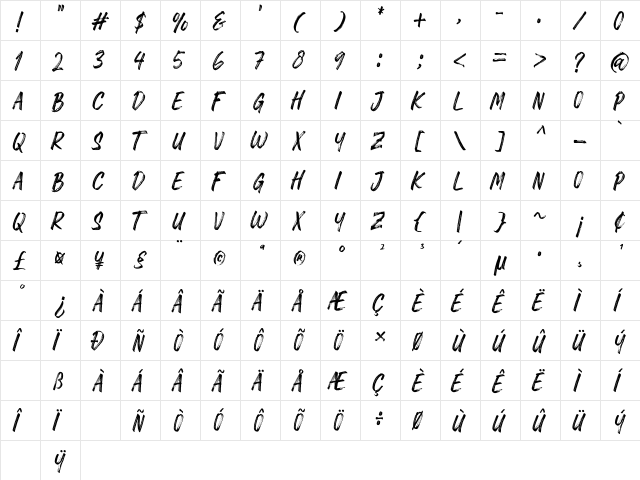 Rawk Brush Regular  glyph index