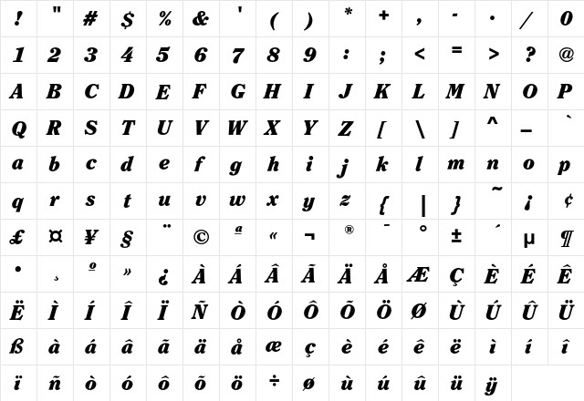 ClearfaceEF-BlackItalic Regular  glyph index