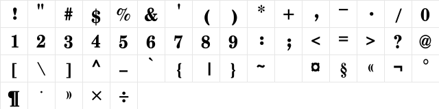 Titr Bold  glyph index