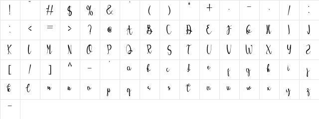 Angelina Regular  glyph index