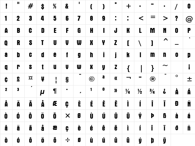 Aurora Bold  glyph index