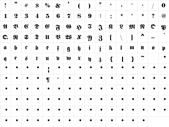 QTFraktur Regular  glyph index