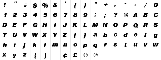 Choque Display SSi Bold Italic  glyph index