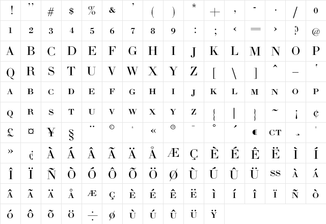 BodoniL-SC Regular  glyph index