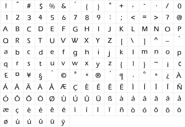 Erie_Light-Bold Regular  glyph index