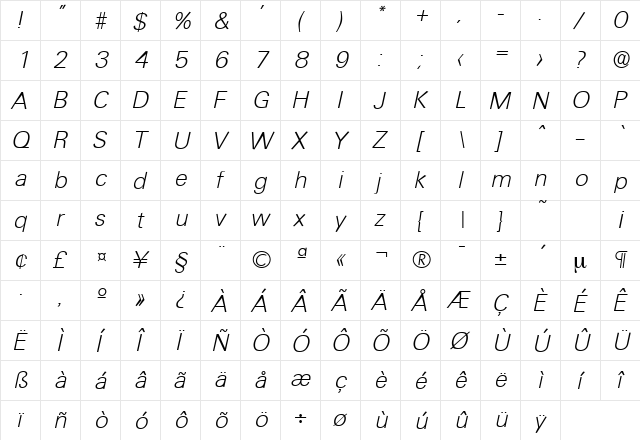 Ultimate-Serial-ExtraLight RegularItalic  glyph index