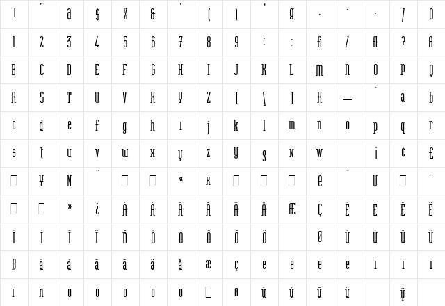 Heliotype LET Plain  glyph index