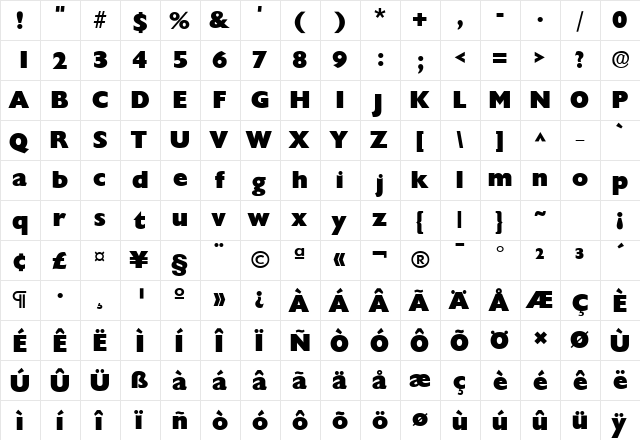 Chanson Heavy SF Bold  glyph index