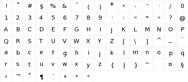 Terafik Regular  glyph index