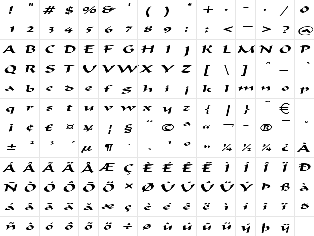 FlatBrushExtended Italic  glyph index