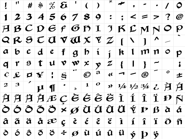 Beach Regular  glyph index